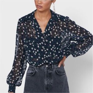 Topshop Daisy Print Blouse Black Sheer Size 6 Velvet Dot